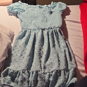 Light Blue Puff-Sleeve Smocked Girls' Dress